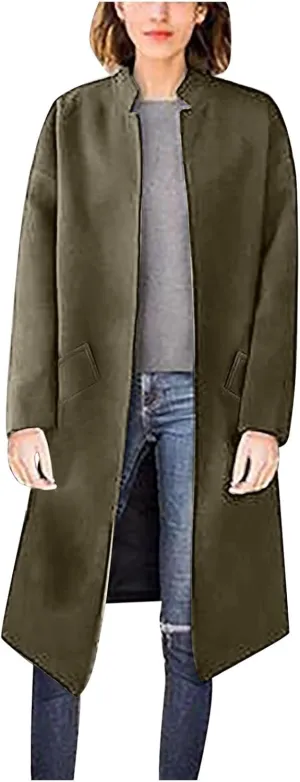 maisdgop Winter Coats for Women Long Sleeve Lapel Trench Coat Trendy Double Breasted Open Front Woolen Cloth Windbreaker