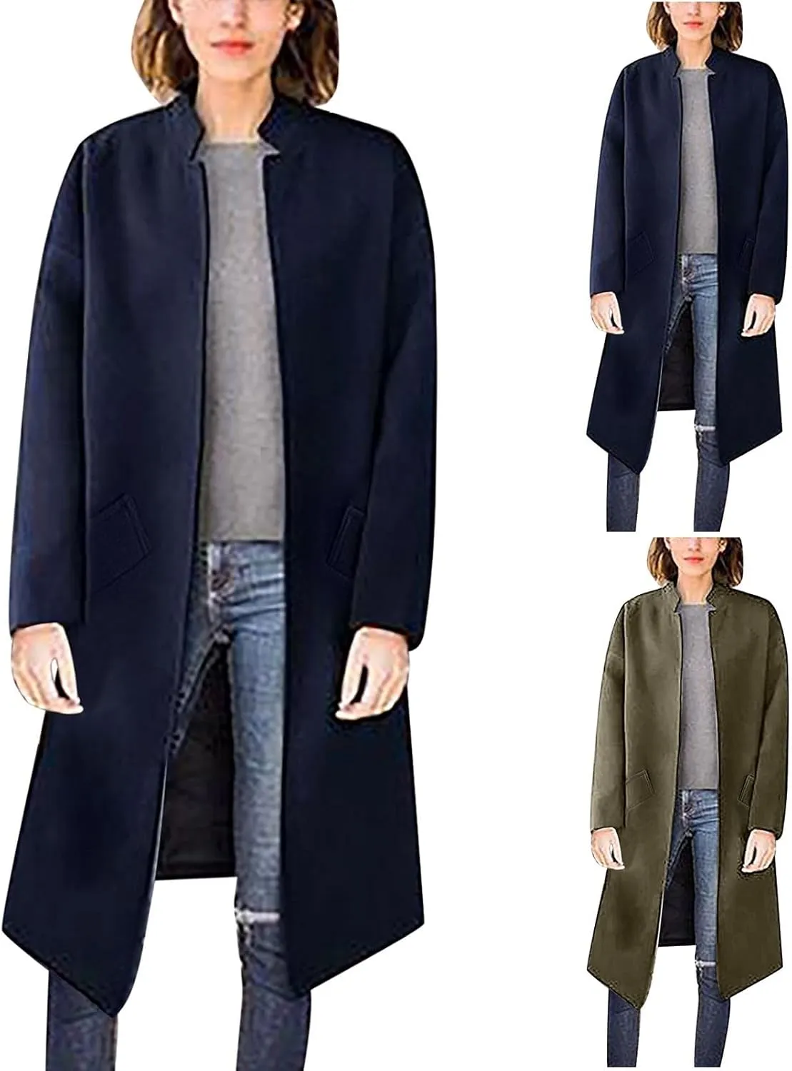 maisdgop Winter Coats for Women Long Sleeve Lapel Trench Coat Trendy Double Breasted Open Front Woolen Cloth Windbreaker