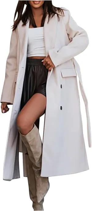 maisdgop Womens Pea Coat Winter Notch Lapel Wool Coat Double Breasted Business Windbreaker Casual Long Woolen Trench Coat