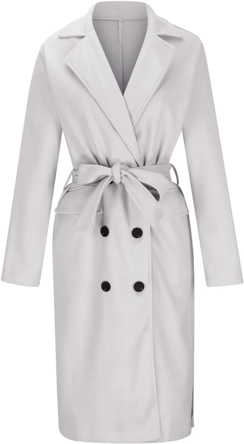 maisdgop Womens Pea Coat Winter Notch Lapel Wool Coat Double Breasted Business Windbreaker Casual Long Woolen Trench Coat