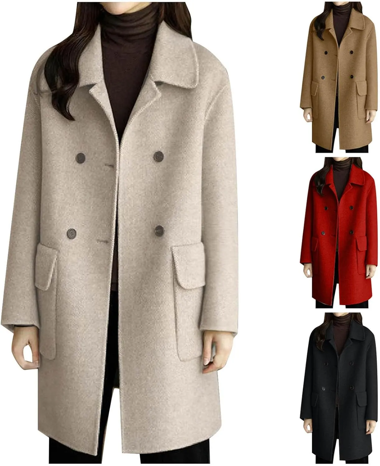 maisdgop Women's Trench Coat 2024 Winter Open Front Double Breasted Peacoats Comfy Long Sleeve Lapel Button down Windbreaker