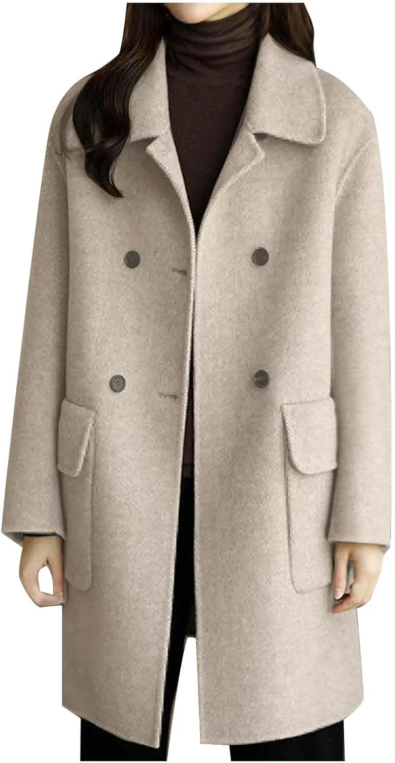 maisdgop Women's Trench Coat 2024 Winter Open Front Double Breasted Peacoats Comfy Long Sleeve Lapel Button down Windbreaker