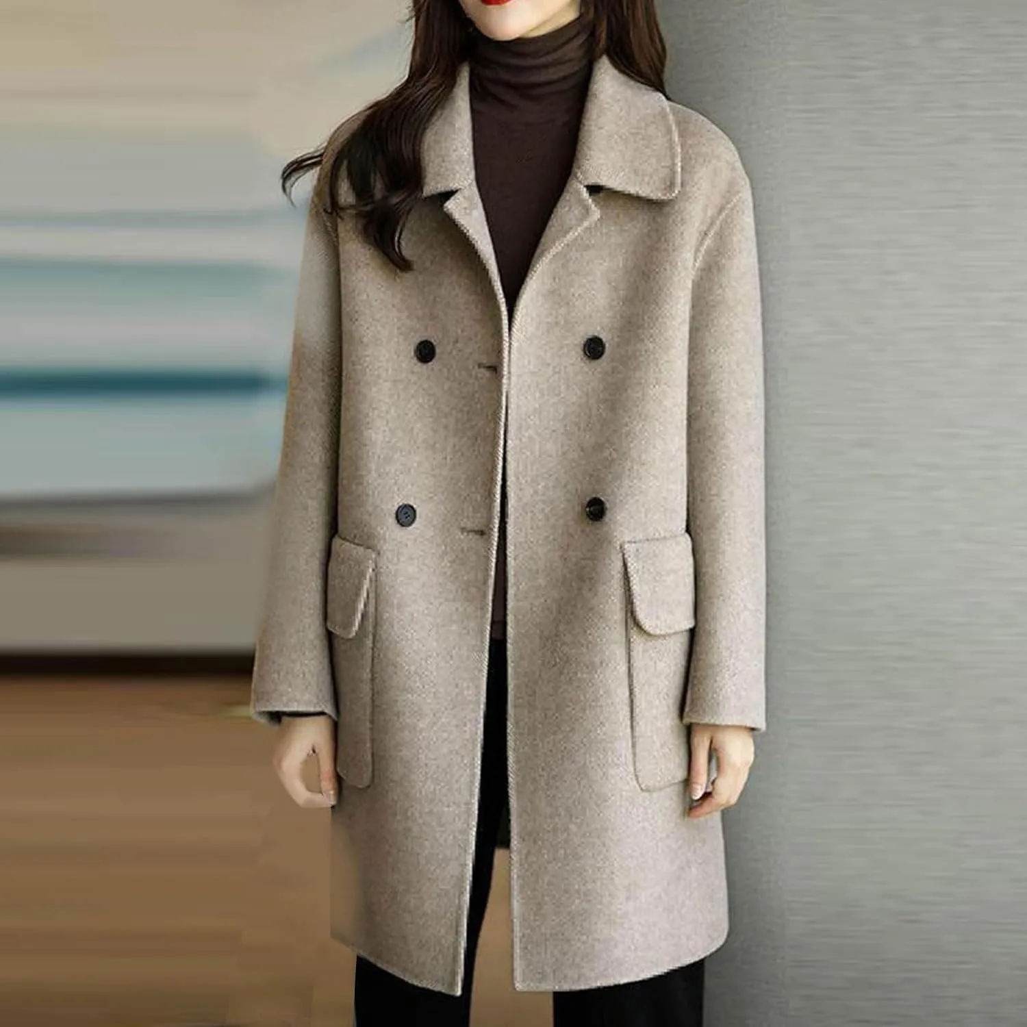 maisdgop Women's Trench Coat 2024 Winter Open Front Double Breasted Peacoats Comfy Long Sleeve Lapel Button down Windbreaker