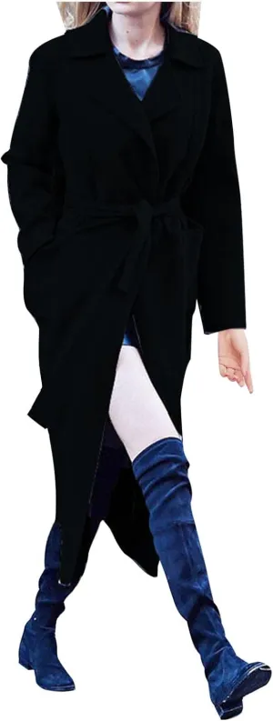 maisdgop Women's Trench Coats Open Front Woolen Cloth Overcoat Thick Long Sleeve Jackets Soft Mid Length Lapel Windbreaker