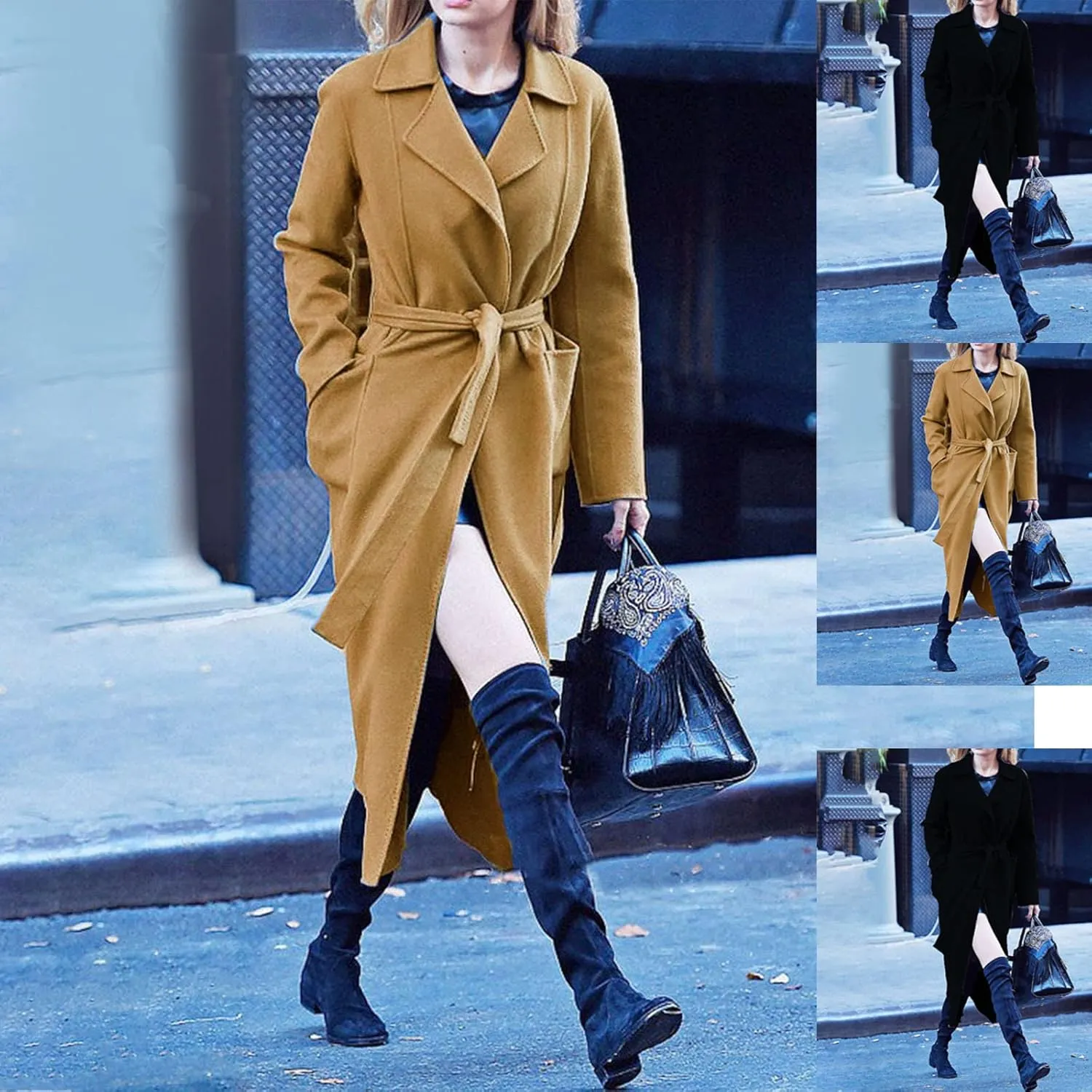 maisdgop Women's Trench Coats Open Front Woolen Cloth Overcoat Thick Long Sleeve Jackets Soft Mid Length Lapel Windbreaker