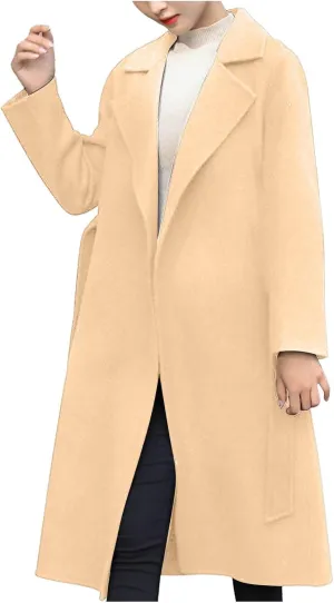 maisdgop Wool Trench Coat Women Long Sleeve Mid Length Windbreaker Winter Woolen Cloth Peacoats Fashion Solid Lapel Jacket