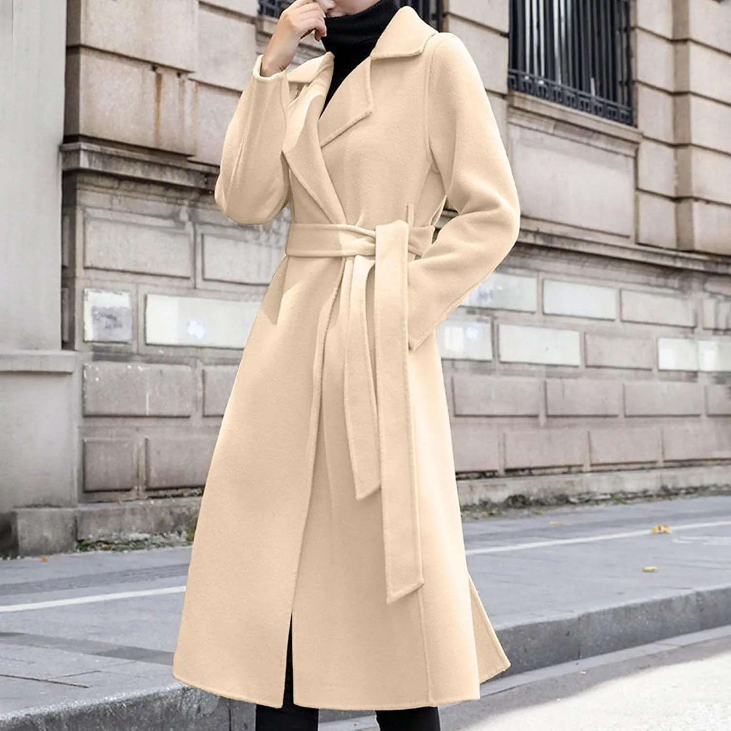 maisdgop Wool Trench Coat Women Long Sleeve Mid Length Windbreaker Winter Woolen Cloth Peacoats Fashion Solid Lapel Jacket