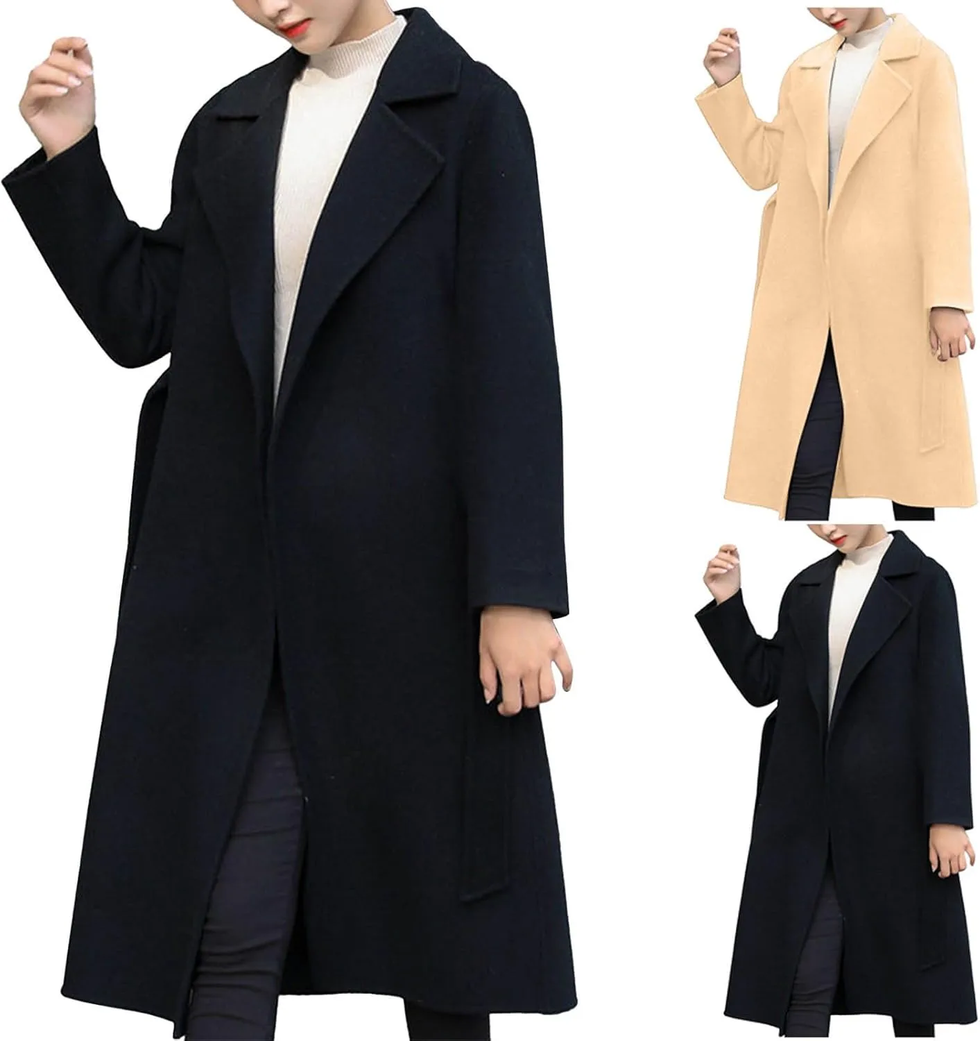 maisdgop Wool Trench Coat Women Long Sleeve Mid Length Windbreaker Winter Woolen Cloth Peacoats Fashion Solid Lapel Jacket