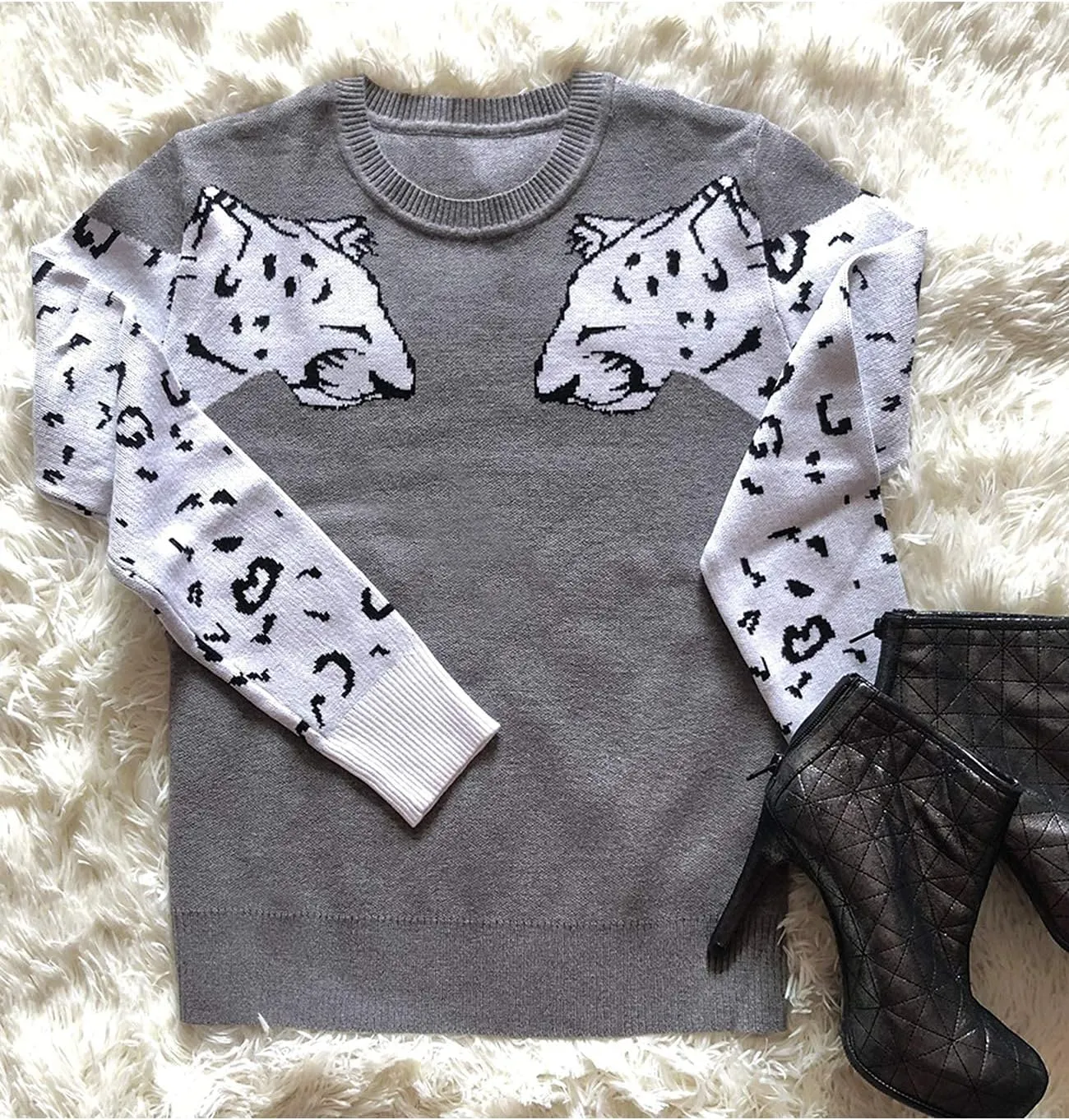 Mansy Women's Casual Long Sleeve Crew Neck Cute Animal Leopard Print Knitted Pullover Sweater Tops