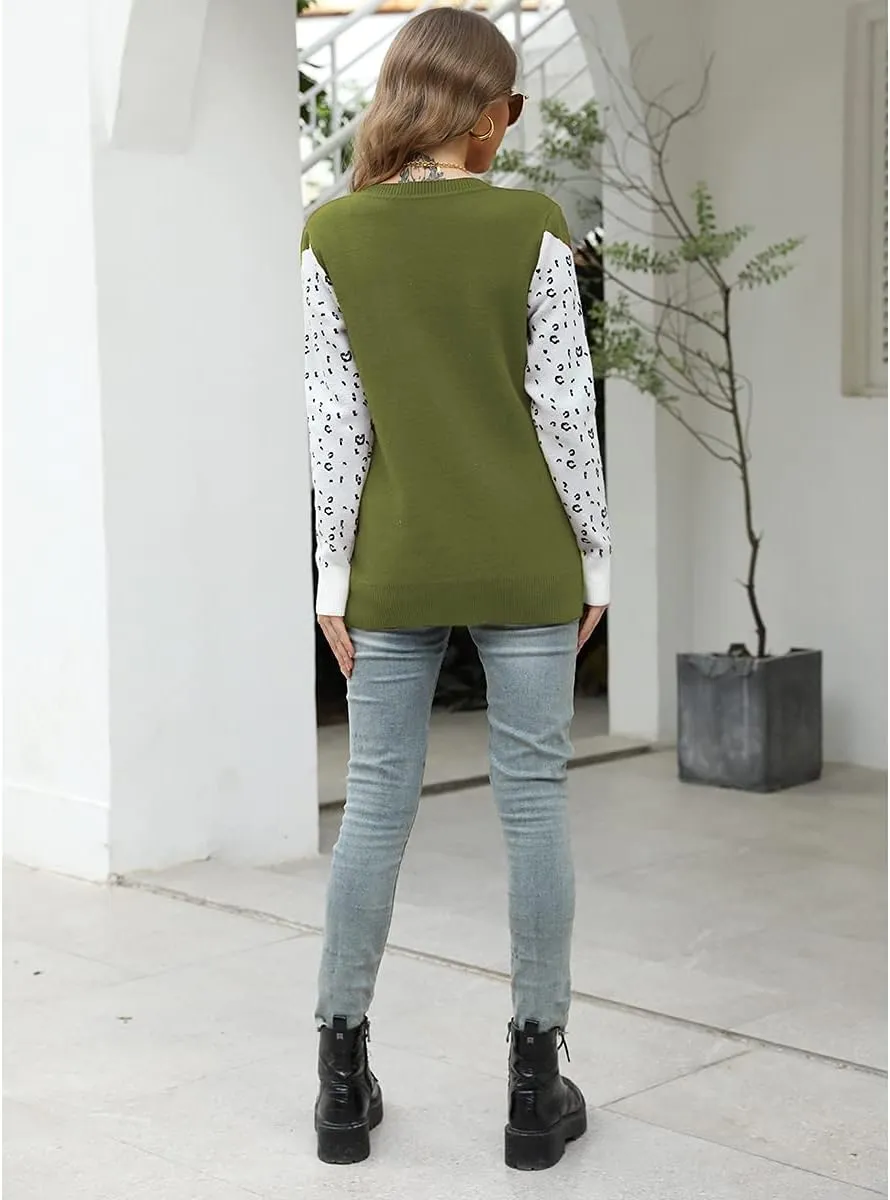 Mansy Women's Casual Long Sleeve Crew Neck Cute Animal Leopard Print Knitted Pullover Sweater Tops