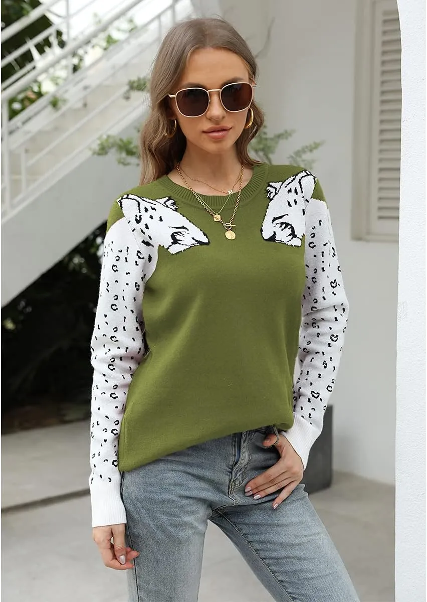 Mansy Women's Casual Long Sleeve Crew Neck Cute Animal Leopard Print Knitted Pullover Sweater Tops
