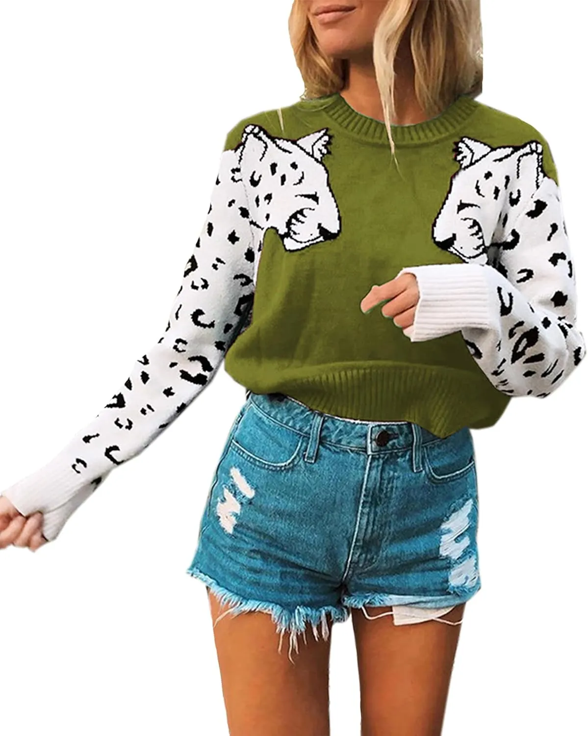 Mansy Women's Casual Long Sleeve Crew Neck Cute Animal Leopard Print Knitted Pullover Sweater Tops