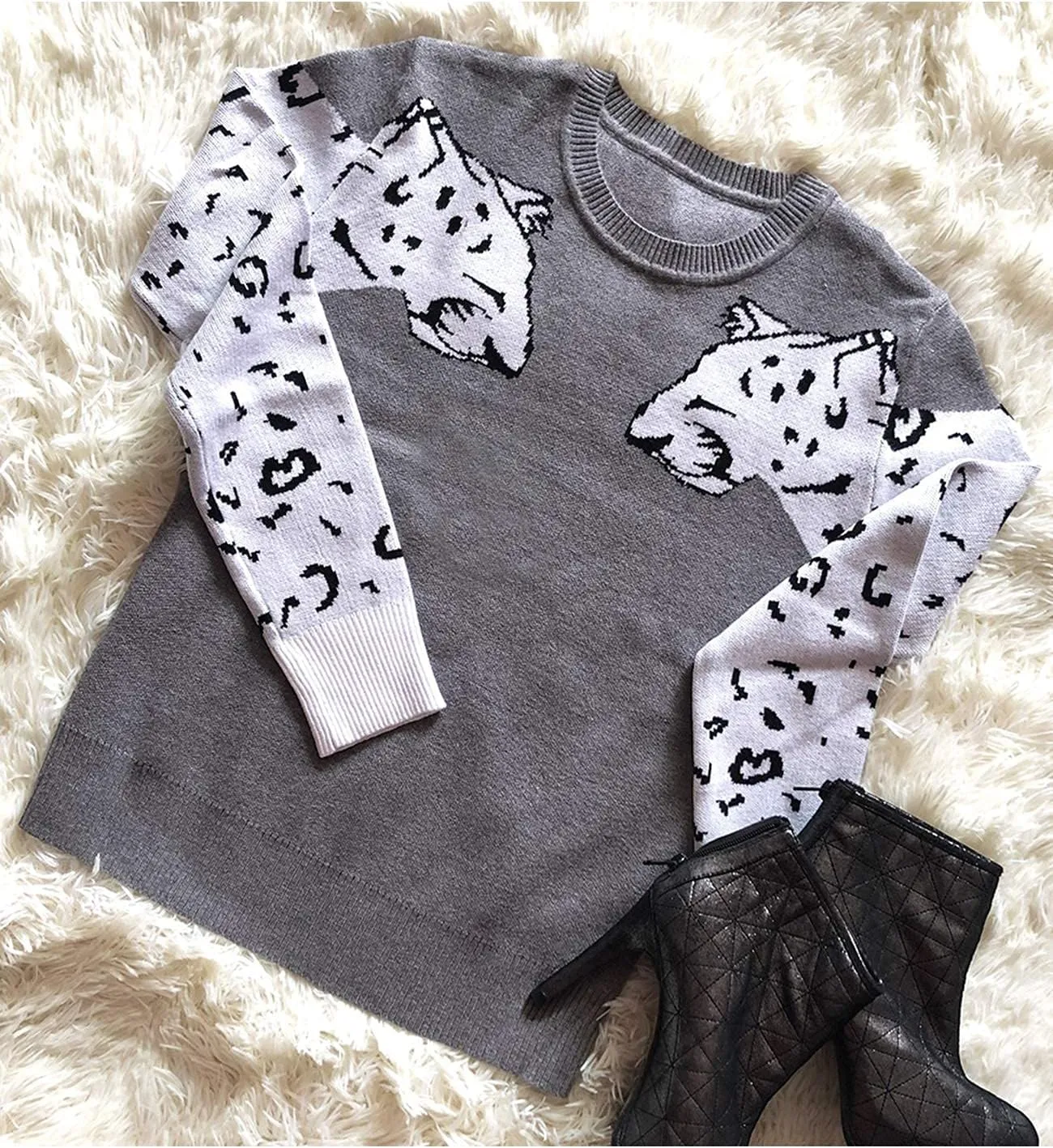 Mansy Women's Casual Long Sleeve Crew Neck Cute Animal Leopard Print Knitted Pullover Sweater Tops