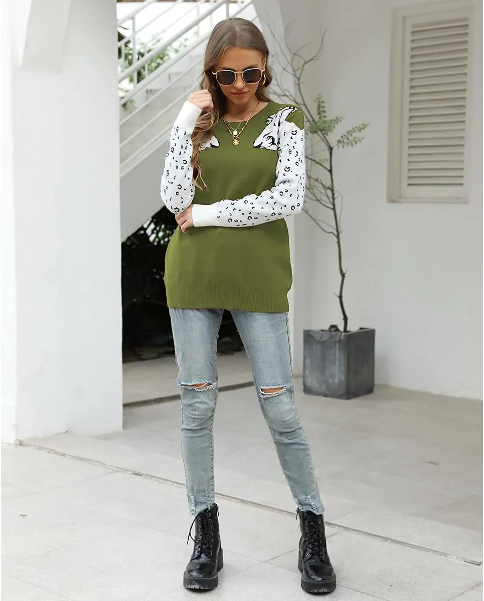 Mansy Women's Casual Long Sleeve Crew Neck Cute Animal Leopard Print Knitted Pullover Sweater Tops