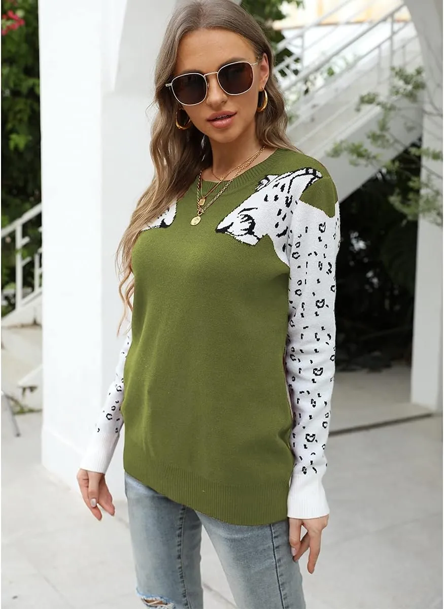 Mansy Women's Casual Long Sleeve Crew Neck Cute Animal Leopard Print Knitted Pullover Sweater Tops