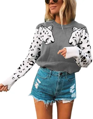 Mansy Women's Casual Long Sleeve Crew Neck Cute Animal Leopard Print Knitted Pullover Sweater Tops
