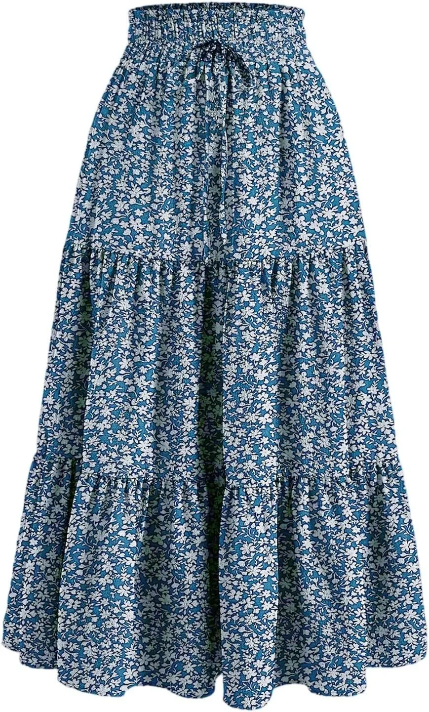 Maxi Skirts for Women 2025 Summer Bohemian High Waisted Long Skirts Flowy Beach Boho Floral Tiered Midi Skirt