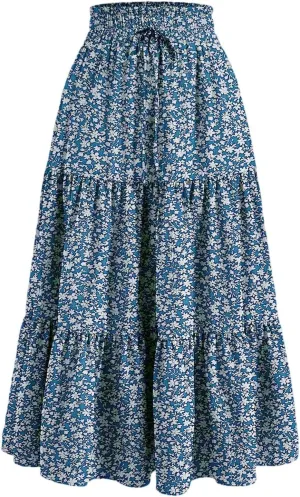 Maxi Skirts for Women 2025 Summer Bohemian High Waisted Long Skirts Flowy Beach Boho Floral Tiered Midi Skirt