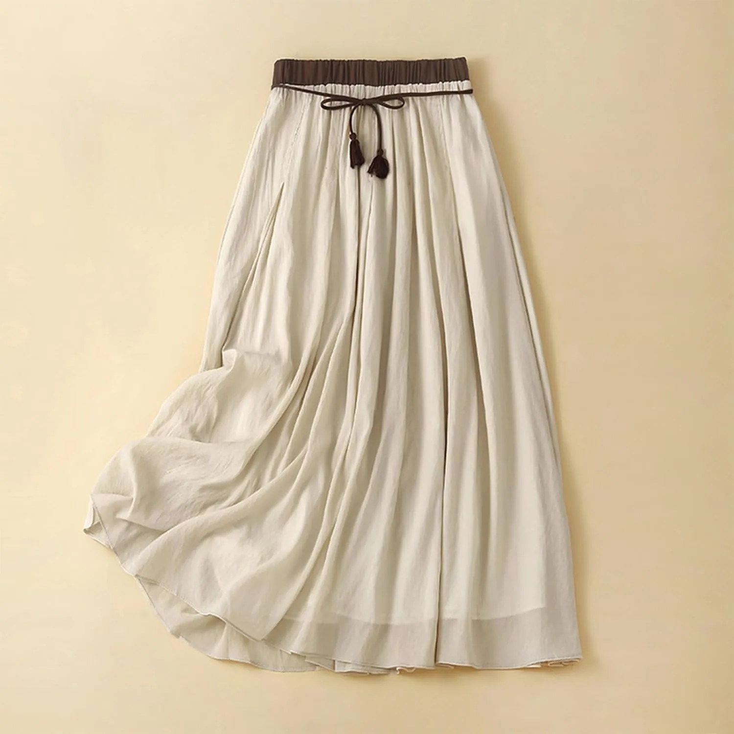 Maxi Skirts for Women Summer Linen High Waist Cotton Retro Double Layered Elastic Solid Flowy Casual Vacation Outfits