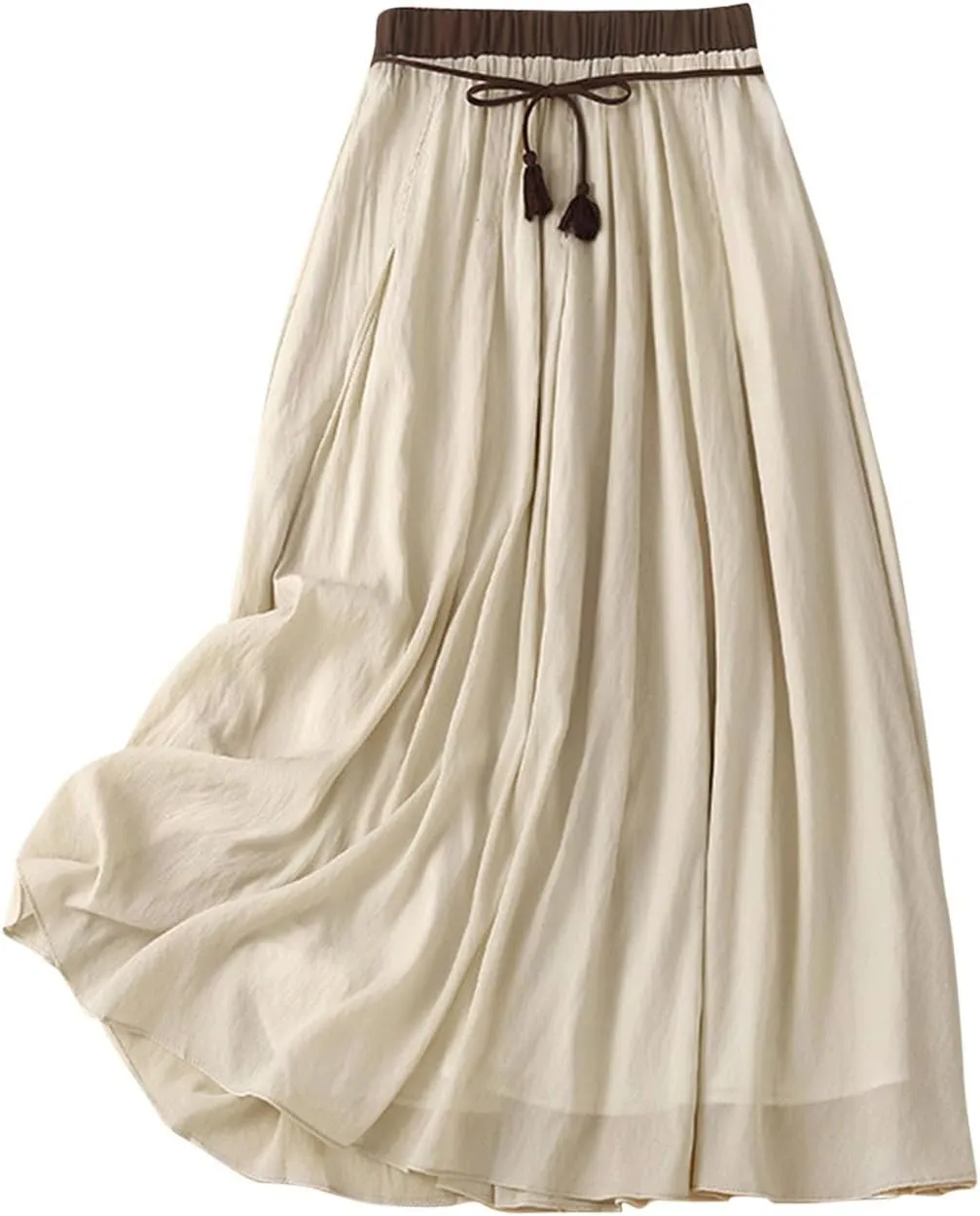 Maxi Skirts for Women Summer Linen High Waist Cotton Retro Double Layered Elastic Solid Flowy Casual Vacation Outfits