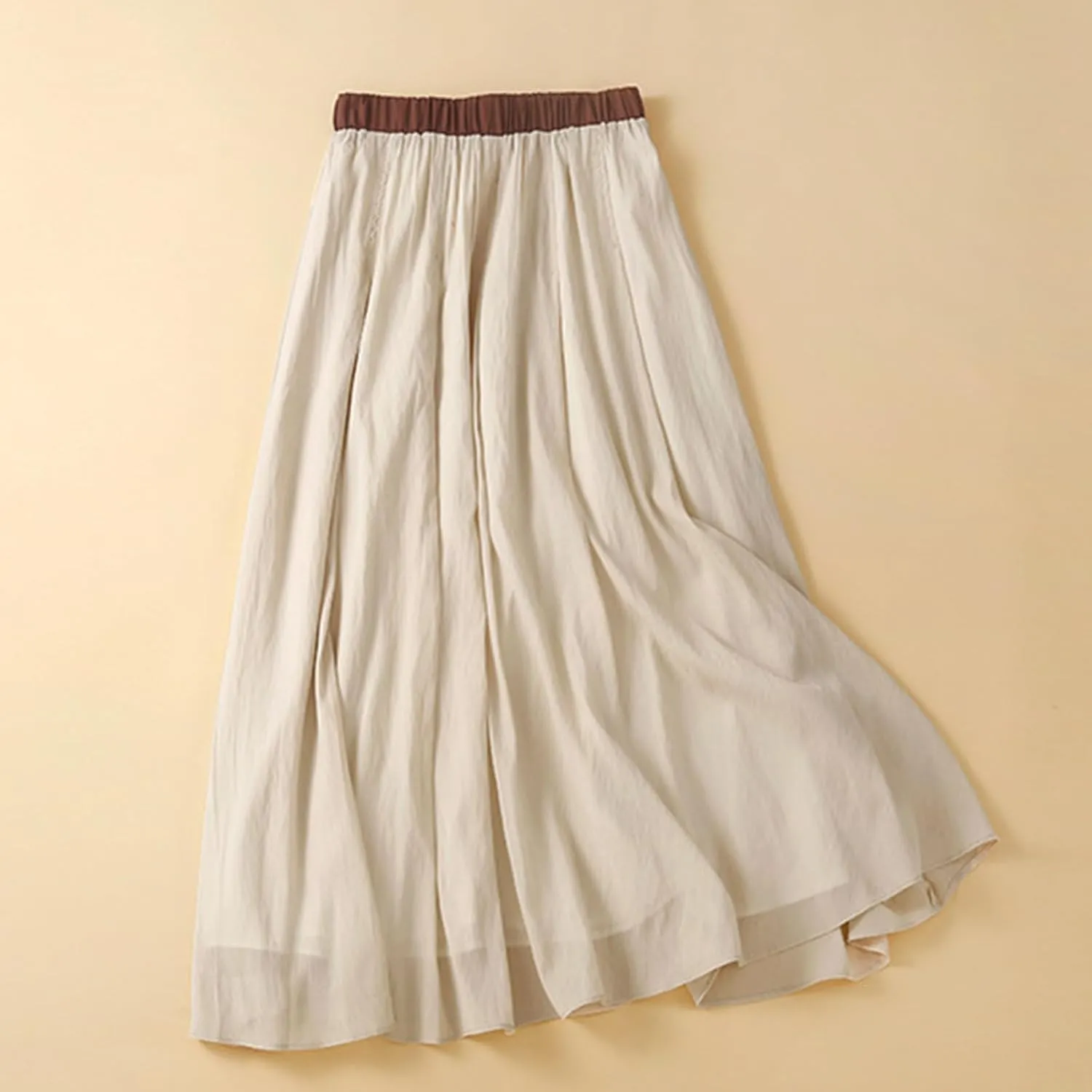 Maxi Skirts for Women Summer Linen High Waist Cotton Retro Double Layered Elastic Solid Flowy Casual Vacation Outfits