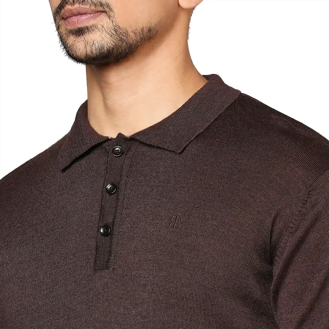 Men Brown Contemporary Fit Solid Wool Blend Round Neck Collar Sweaters