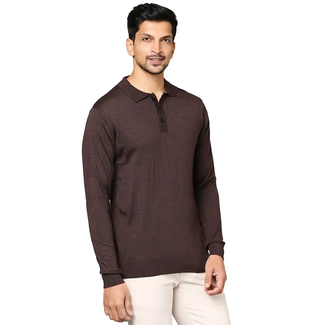 Men Brown Contemporary Fit Solid Wool Blend Round Neck Collar Sweaters