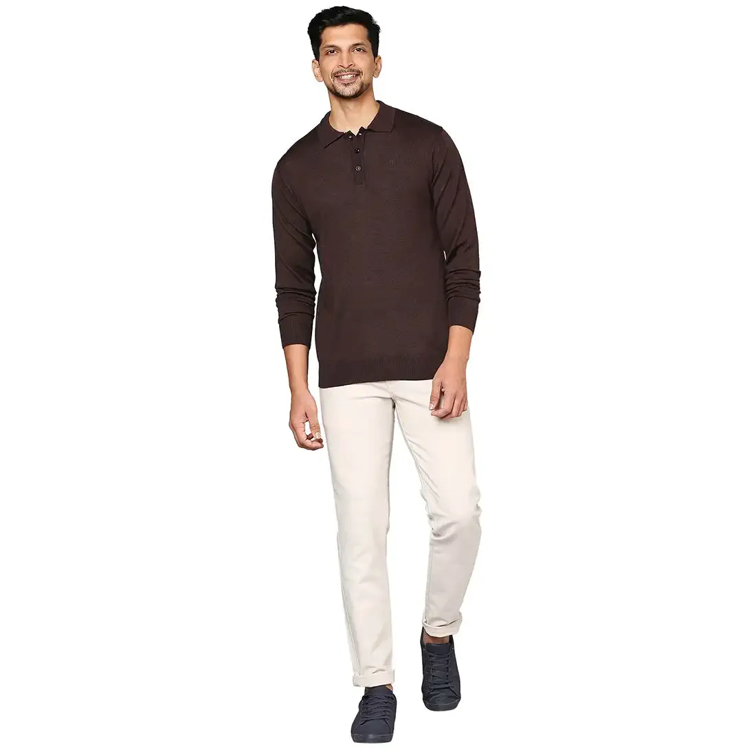 Men Brown Contemporary Fit Solid Wool Blend Round Neck Collar Sweaters