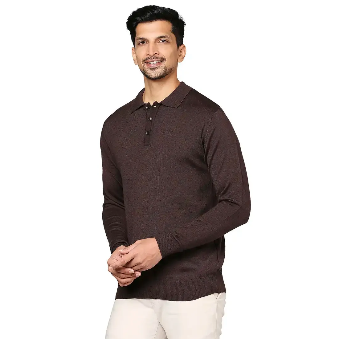 Men Brown Contemporary Fit Solid Wool Blend Round Neck Collar Sweaters
