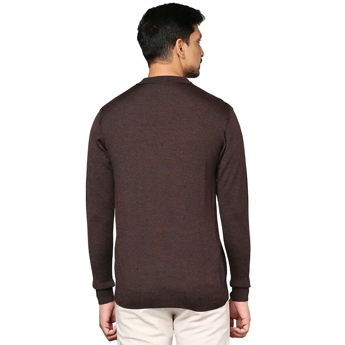 Men Brown Contemporary Fit Solid Wool Blend Round Neck Collar Sweaters