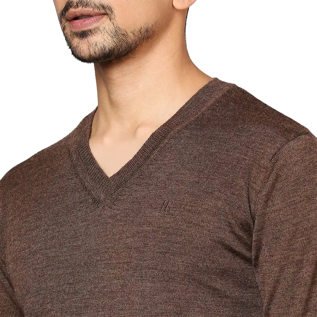 Men Brown Solid Merino Wool Full Sleeve V Neck Collar Sweaters