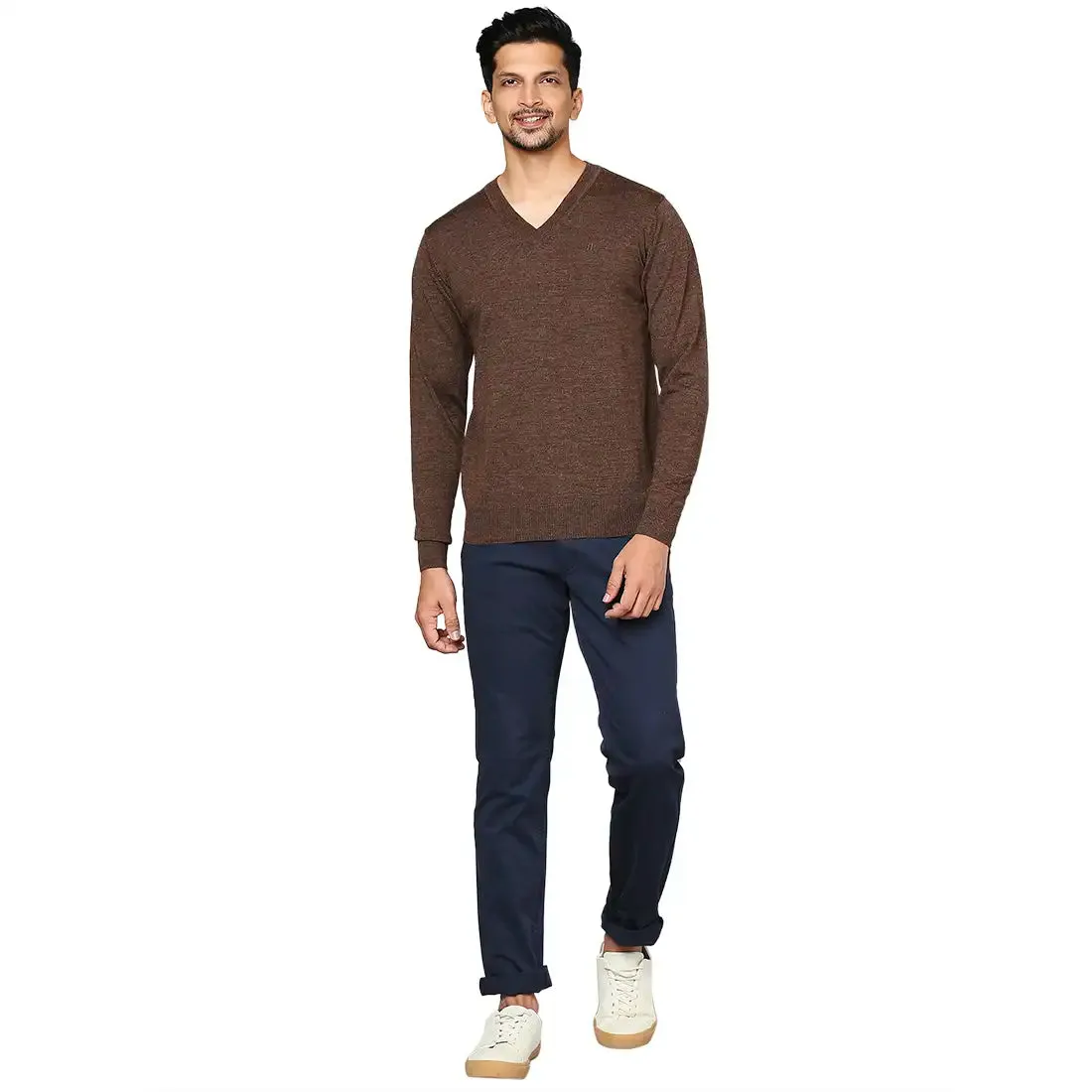 Men Brown Solid Merino Wool Full Sleeve V Neck Collar Sweaters