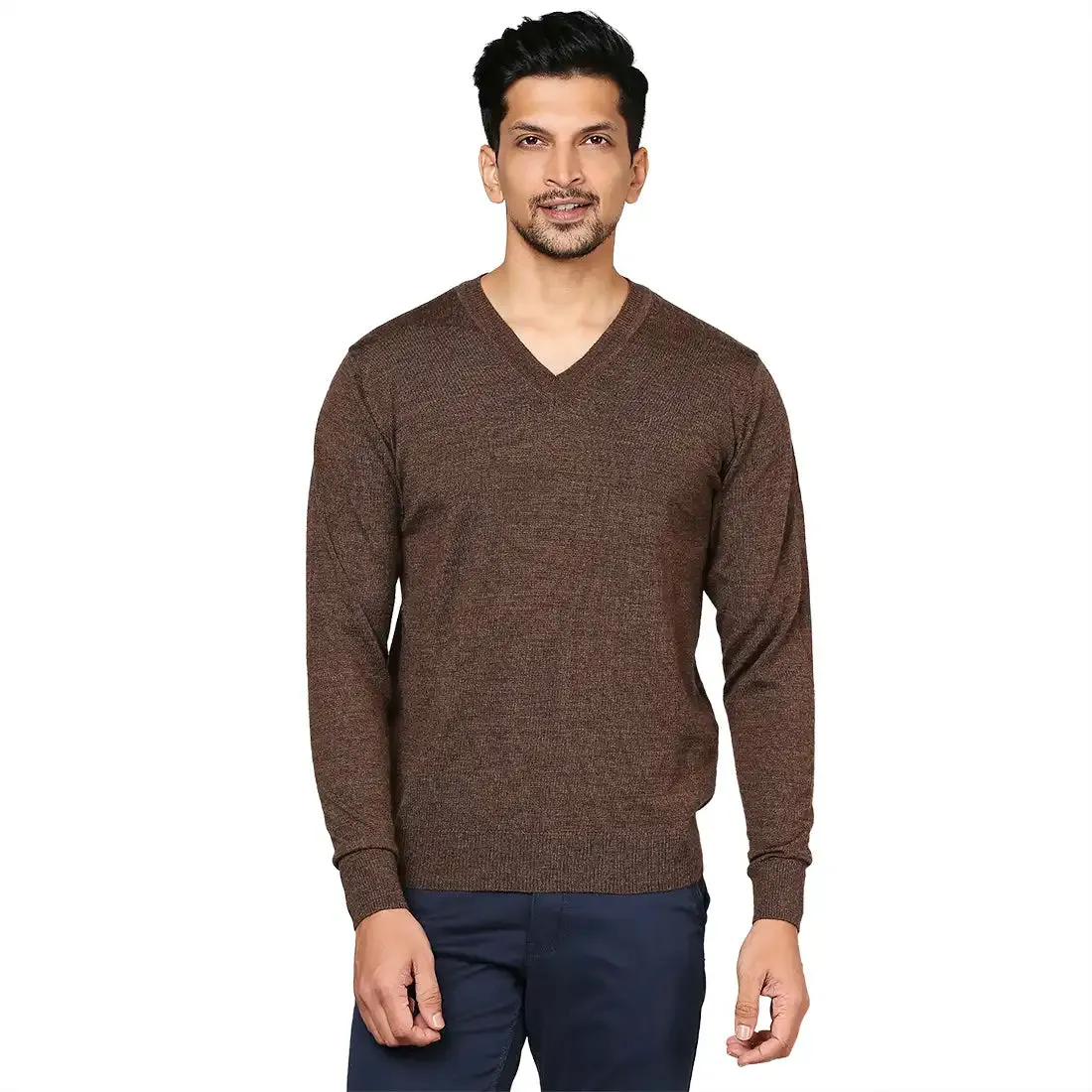 Men Brown Solid Merino Wool Full Sleeve V Neck Collar Sweaters