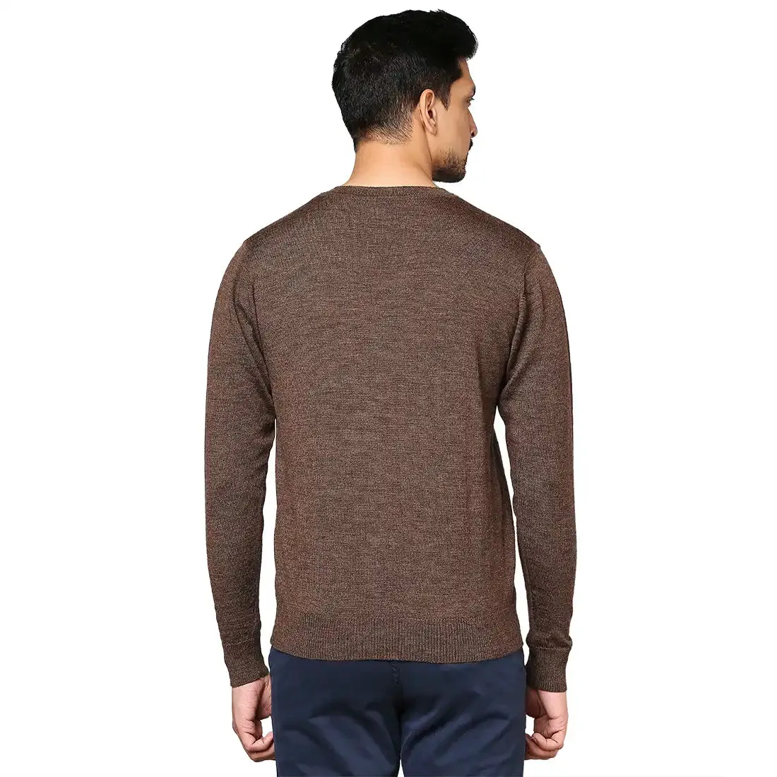 Men Brown Solid Merino Wool Full Sleeve V Neck Collar Sweaters