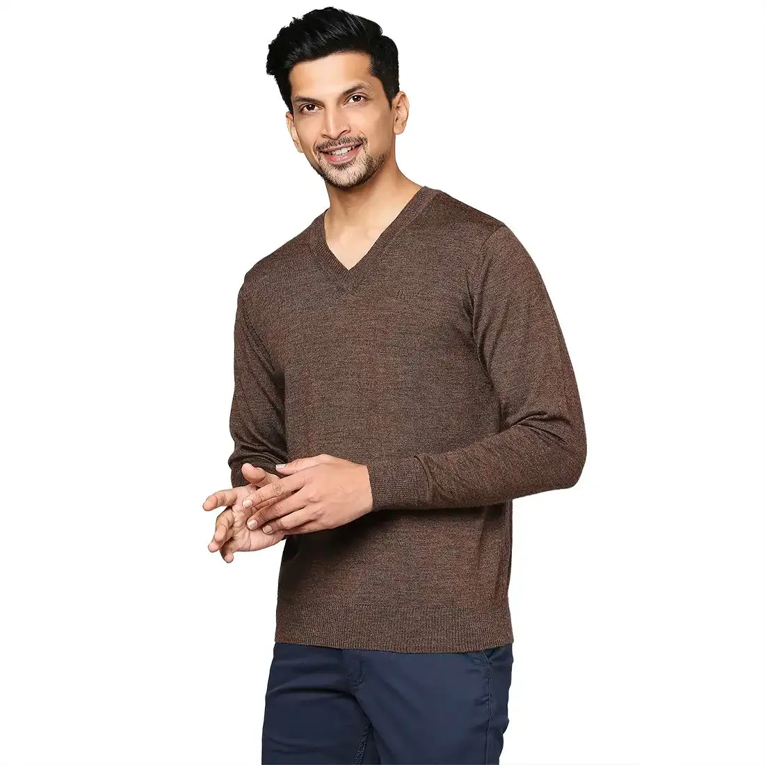 Men Brown Solid Merino Wool Full Sleeve V Neck Collar Sweaters