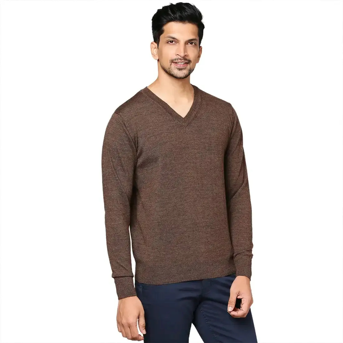 Men Brown Solid Merino Wool Full Sleeve V Neck Collar Sweaters