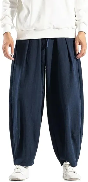 Men Korean Wide Leg Pants Mens Loose Casual Cotton Harem Pants Soild Color Japanese Joggers Linen Trousers