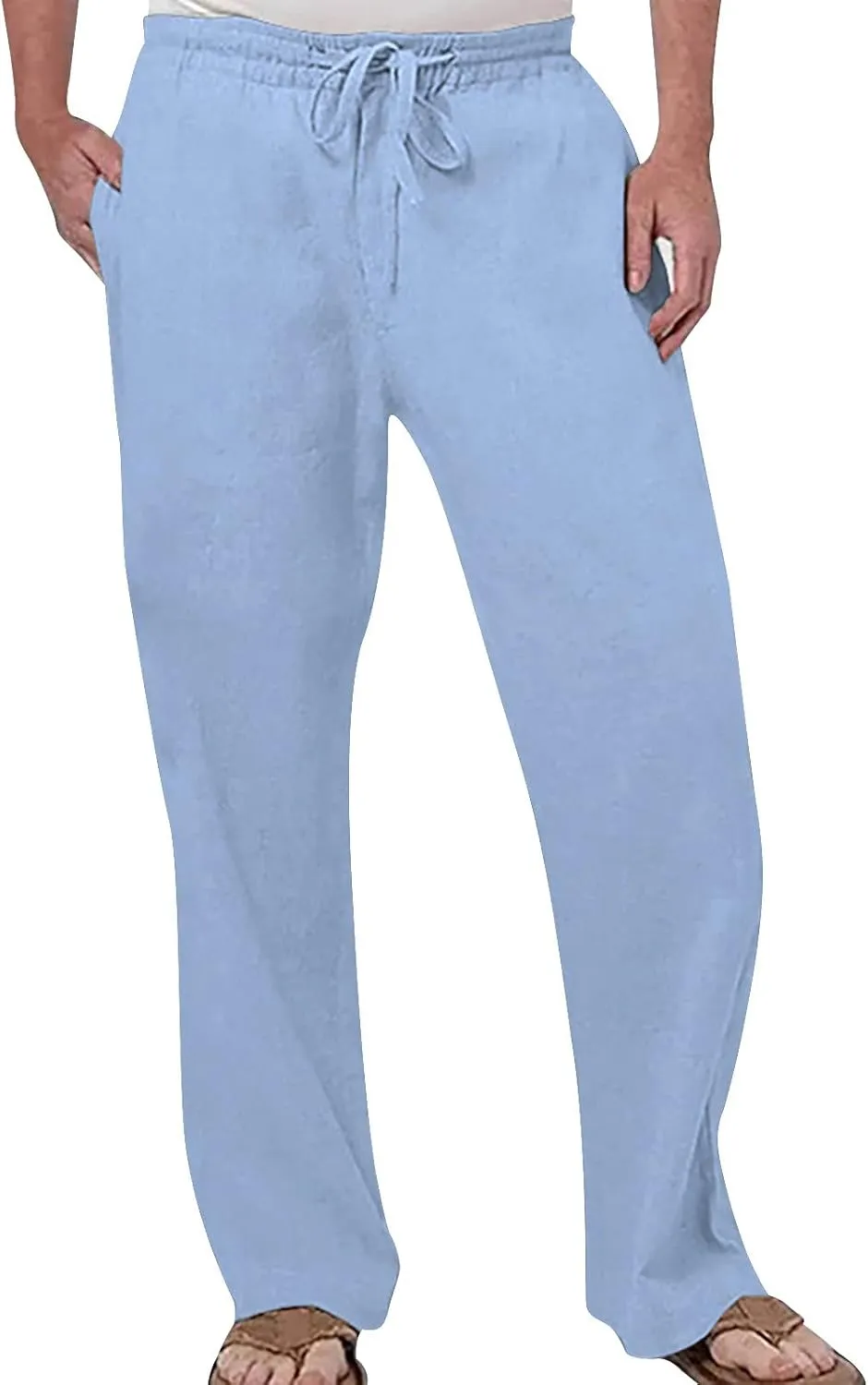 Men Linen Pants Lightweight Casual Relaxed Fit Elastic Waist Breathable Wide Leg Baggy Joggers Trousers