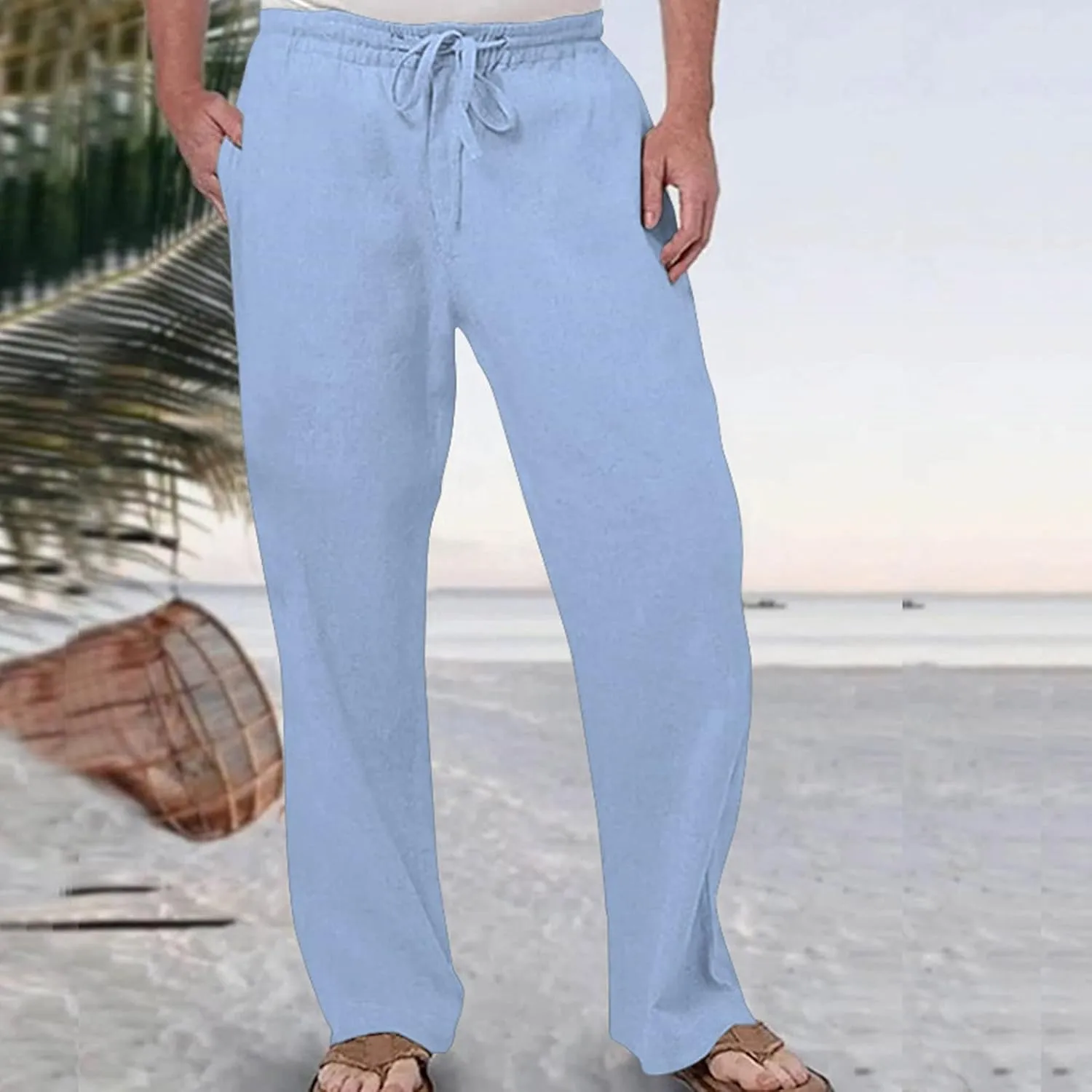 Men Linen Pants Lightweight Casual Relaxed Fit Elastic Waist Breathable Wide Leg Baggy Joggers Trousers