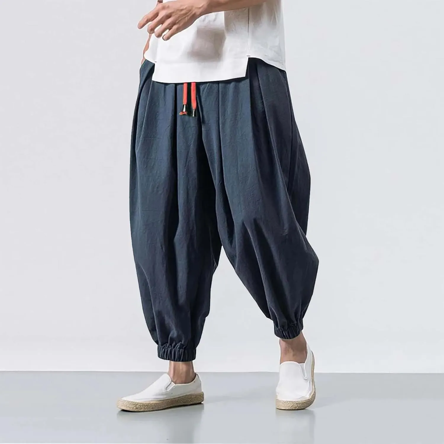 Men Loose Harem Pants Autumn Chinese Linen Sweatpants Casual Trousers Male