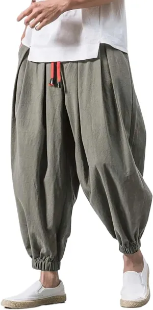 Men Loose Harem Pants Autumn Chinese Linen Sweatpants Casual Trousers Male