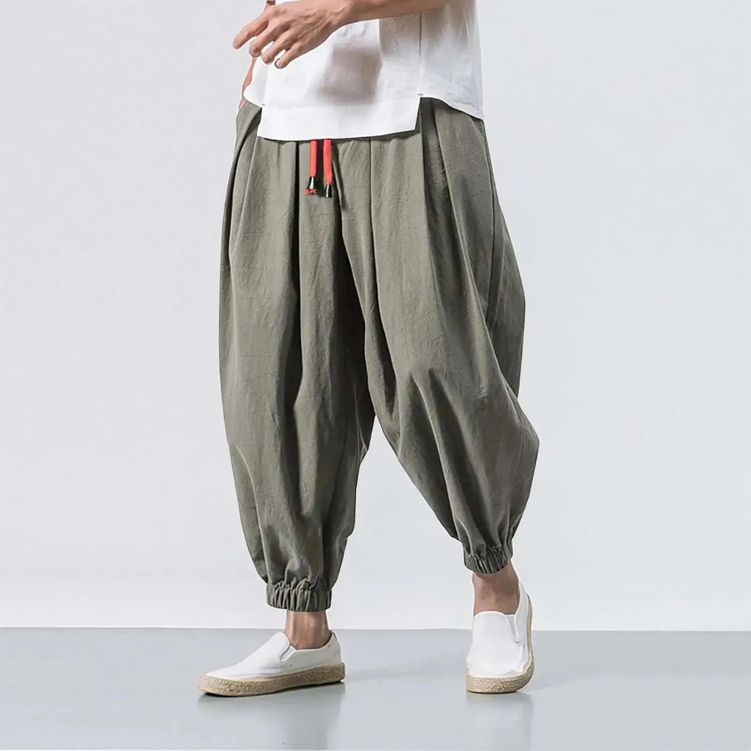 Men Loose Harem Pants Autumn Chinese Linen Sweatpants Casual Trousers Male