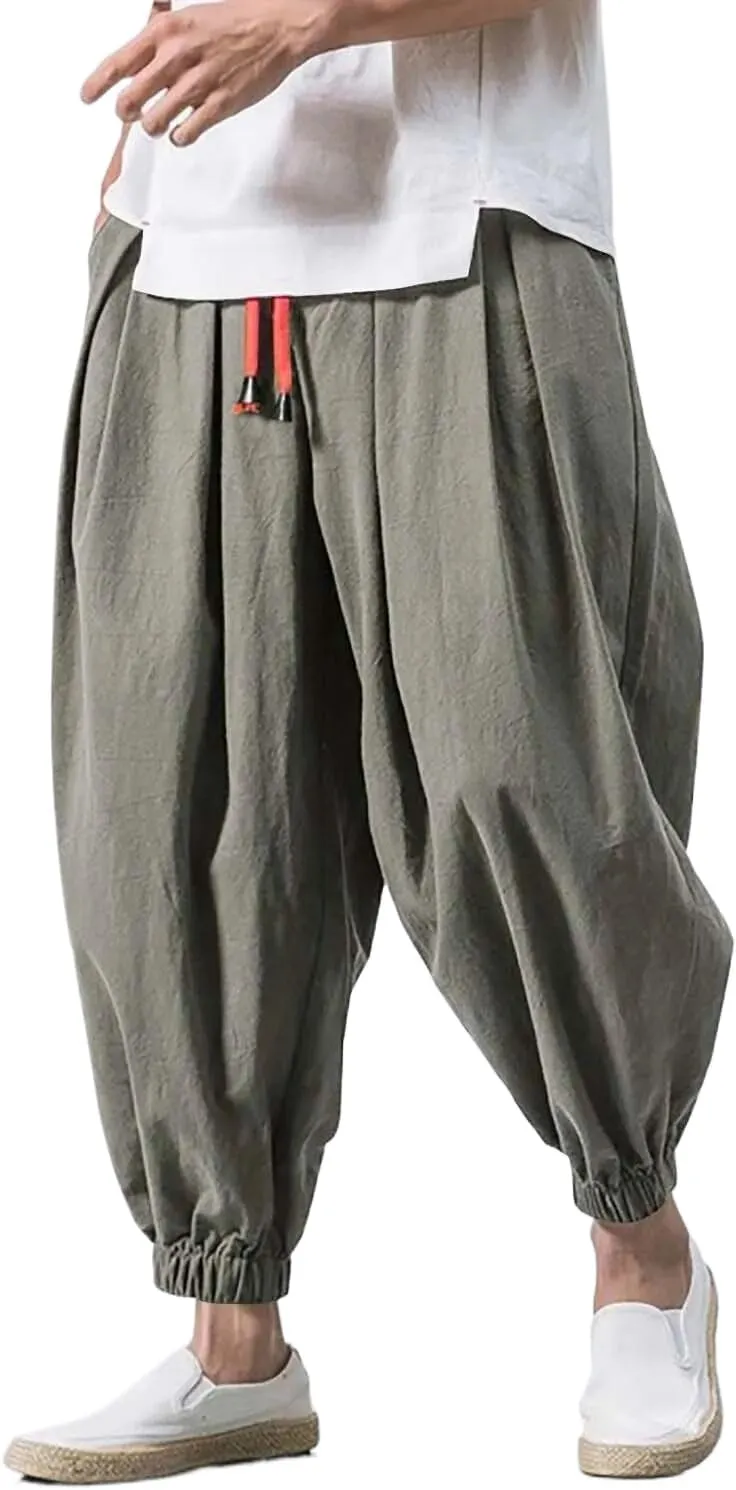 Men Loose Harem Pants Autumn Chinese Linen Sweatpants Casual Trousers Male