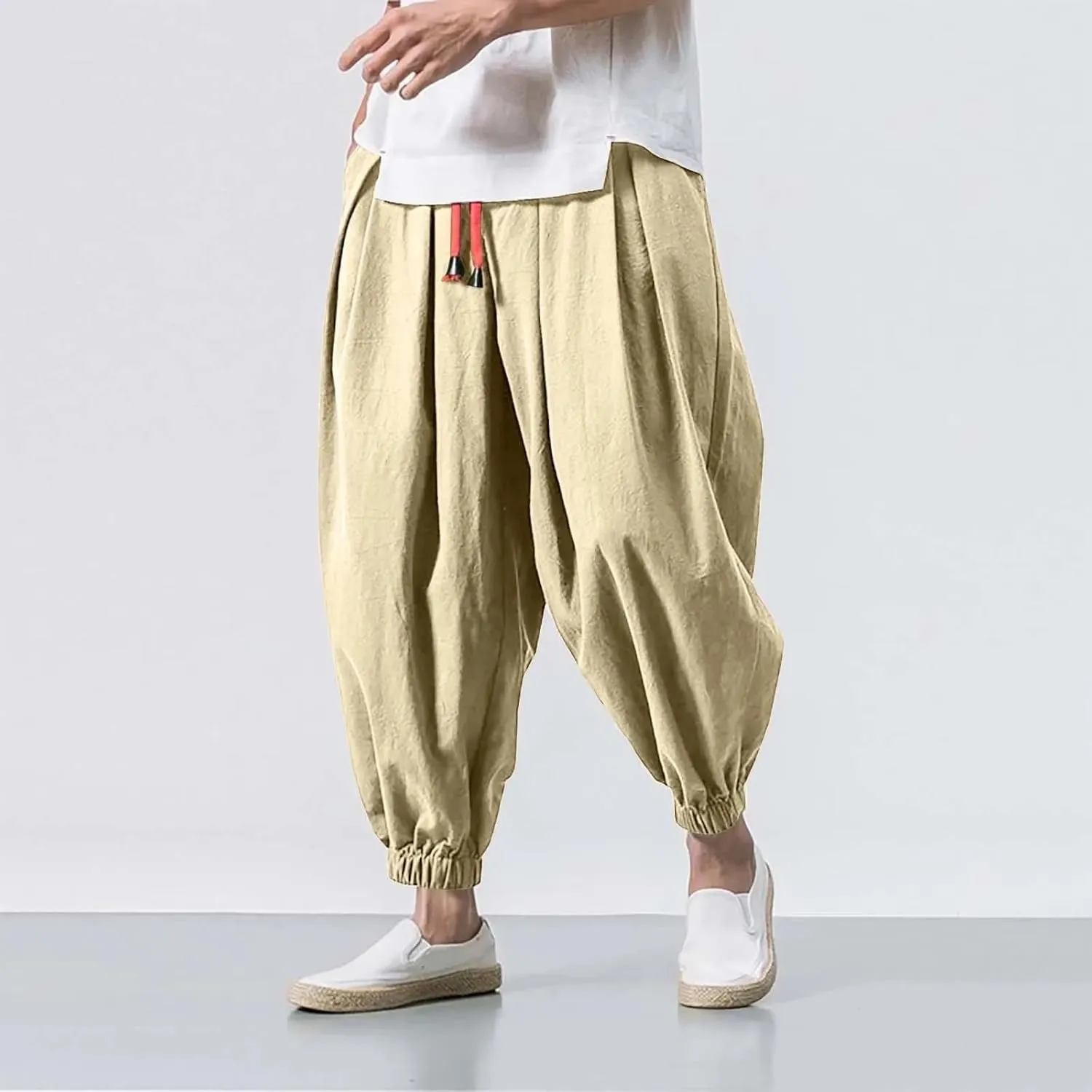 Men Loose Harem Pants Autumn Chinese Linen Sweatpants Casual Trousers Male