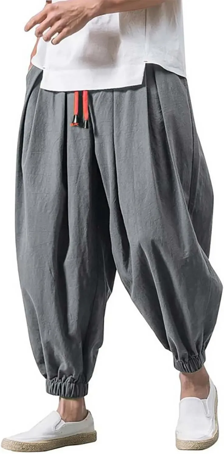 Men Loose Harem Pants Autumn Chinese Linen Sweatpants Casual Trousers Male