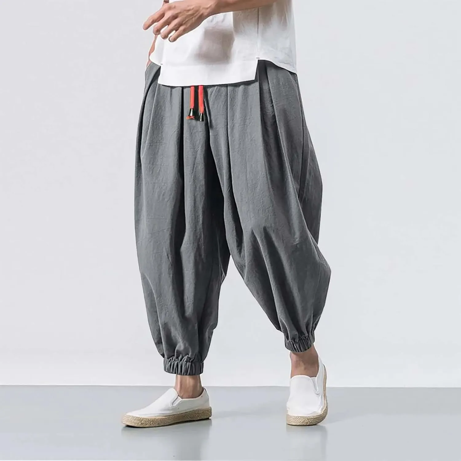 Men Loose Harem Pants Autumn Chinese Linen Sweatpants Casual Trousers Male