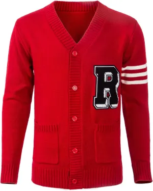 Men's 1950's Letterman Cardigan Sweater Hip Hop 50s Cardigan Sweater V-Neck Long Sleeve Cardigan Winter Sweater (Red, XL)