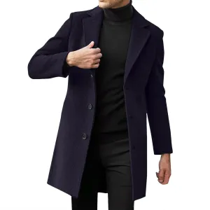 Mens Casual Trench Coat Notched Collar Single Breasted Business Overcoat Winter Warm Wool Blend Peacoat
