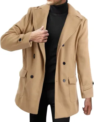 Mens Casual Trench Coat Notched Collar Single Breasted Business Overcoat Winter Warm Wool Blend Peacoat