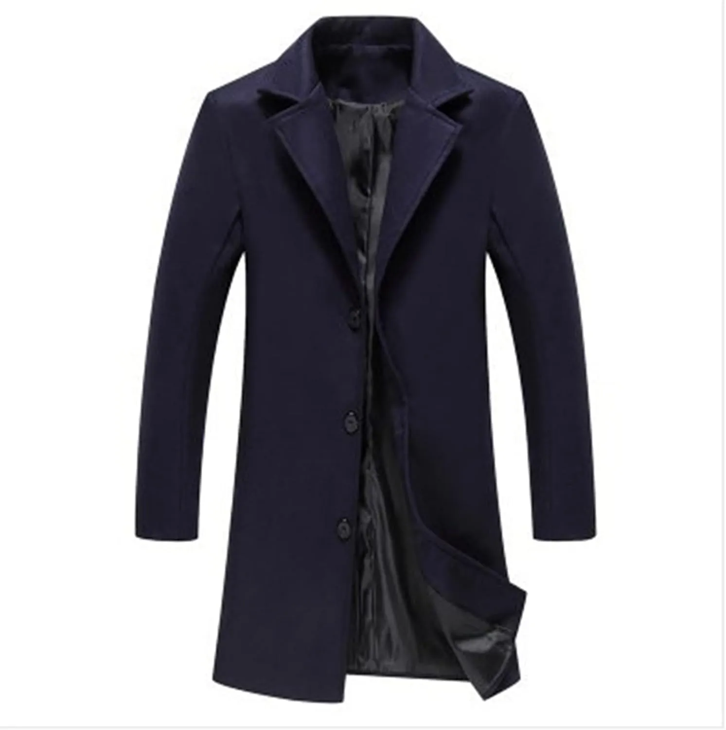 Mens Casual Trench Coat Notched Collar Single Breasted Business Overcoat Winter Warm Wool Blend Peacoat